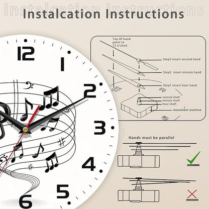 Music Notes Wall Clocks Wooden Wall Clock Art Hanging Clocks Silent Non-Ticking Wall Clock Battery Operated Round Home Arabic Numeral Decorative Wall Clocks 10 Inch