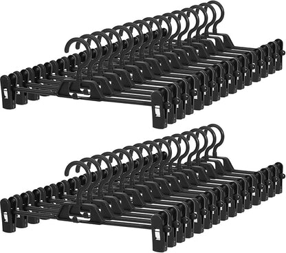 Plastic Pants Hangers with Clips for Women 30Pack – POZEAN Pant Hanger with 360° Rotating & Adjustable Clips for Skirt, Shorts, Jeans, Kids’ Clothes, Coat | Space Saving, Slim & Multi-Purpose (Black)
