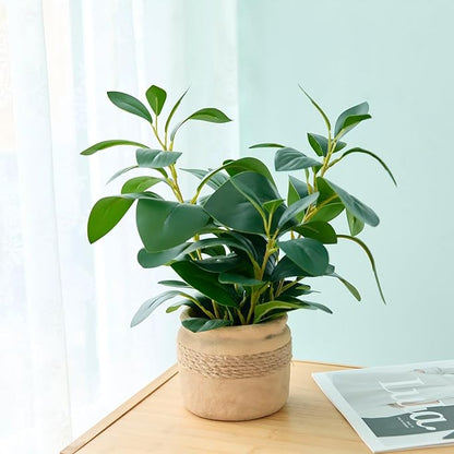 Artificial Plants Potted 12.8'' Fake Ficus Plant in Jute-Wrapped Yellow Planter Realistic Leaves Faux Plants Greenery Suitable for Home Office Kitchen Bathroom Bedroom Tabletop Decoration