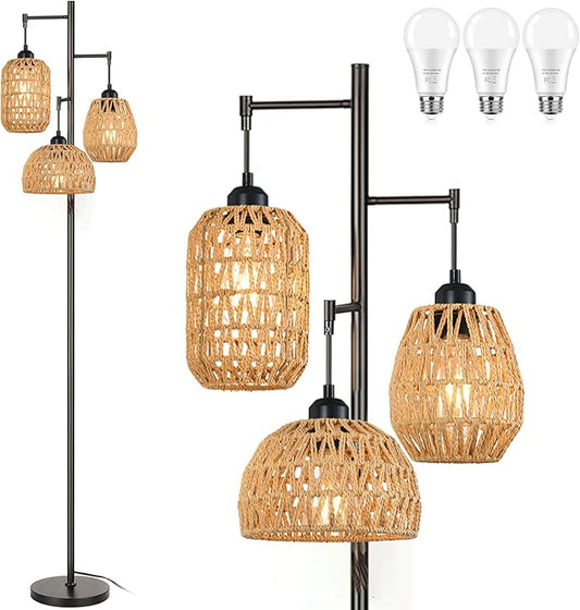 Boho Floor Lamp for Living Room Bedroom,Farmhouse Floor Lamps with 3 Rattan Wicker Shades,Rustic Black Vintage Standing Lamp Light 68" Tall Tree Floor Lamp for Office,Reading,Corner