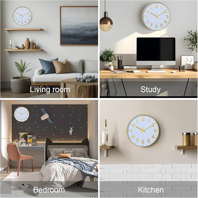 Modern Wall Clock, 10 Inch Digital Wall Clocks Battery Operated, Round Non Ticking Silent Analog Clock for Bedroom Living Room Kitchen Office Gym Classroom Decor, Gold Battery Clock