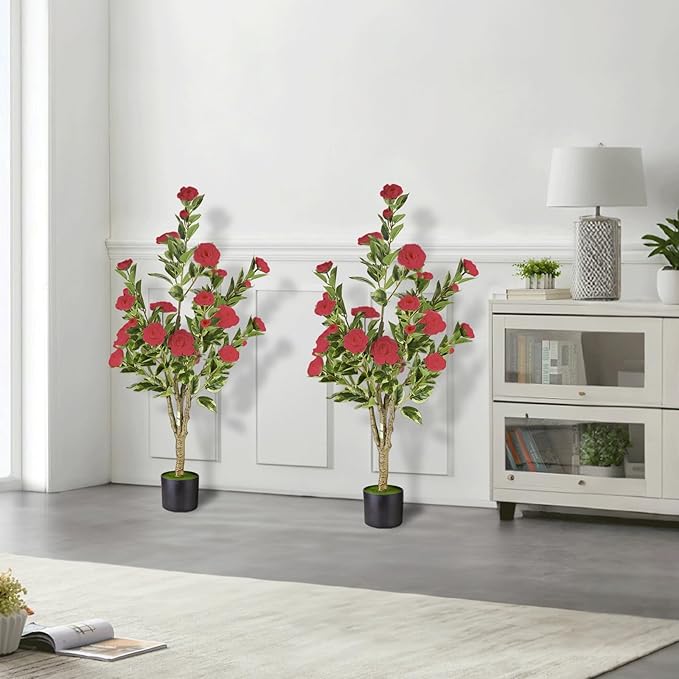 3Ft Artificial Camellia Tree 2pack, Red Silk Flowers Faux Plant for Indoor Outdoor Home Decor, Realistic Potted Greenery for Office Porch Living Room