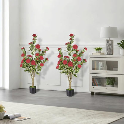 3Ft Artificial Camellia Tree 2pack, Red Silk Flowers Faux Plant for Indoor Outdoor Home Decor, Realistic Potted Greenery for Office Porch Living Room