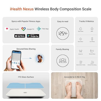 iHealth Nexus Smart Scale for Body Weight Bluetooth, Digital Bathroom Scale Body Fat and Muscle, Body Composition Monitor Health Analyzer for BMI Compatible for iOS & Android Accurate to 0.1lb-White