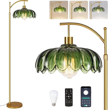 Gold Floor Lamp for Living Room,Bedroom,Mid Century Modern Standing Lamp with Remote,Dimmable Brass Tall Lamp Green Glass Lamp Vintage Retro Arc Floor Lamps Flower Floor Light Boho Bohemian