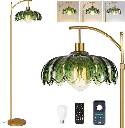 Arc Floor Lamp for Living Room Gold Floor Lamp with Remote Control,Dimmable LED Floor Lamps Glass Lamp Shades Vintage Standing Lamp with 3 Color Temperature Tall Flower Lamps for Bedroom Corner