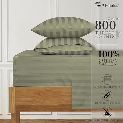 URBANHUT 800 Thread Count Egyptian Cotton Damask Striped Full Size Sheets Set (4 Pc) - Ultra Soft & Smooth, Sateen Weave Full Size Bed Sheets, Luxury Hotel Sheets with 16" Deep Pocket - Sage