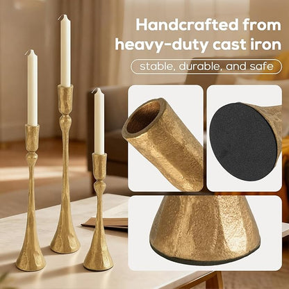 Vintage Gold Taper Candle Holders Set of 3 Cast Iron Antique Brass Decorative Candlestick Holder for Wedding Dining Table Party Rustic Home Decor