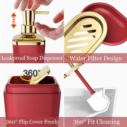 Bathroom Set – Burgundy Bathroom Accessories with Ombre Shower Curtain, Bathroom Accessories Set with Trash Can Soap Dispenser Soap Dish for Home