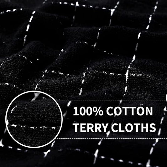 Homaxy 100% Cotton Terry Kitchen Towels(Navy+Grey+Black, 13 x 28 inches), Checkered Designed, Soft and Super Absorbent Dish Towels, 6 Pack