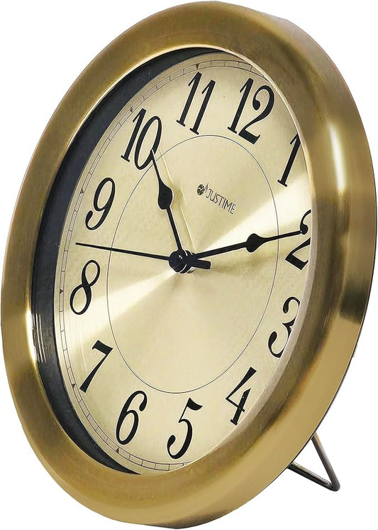 JUSTIME 8.5 inch Brushed Metal Water Resistant Wall Clock, Special for Small Space, Office, Boats, RV (WM86-BN-R Brushed Bronze)