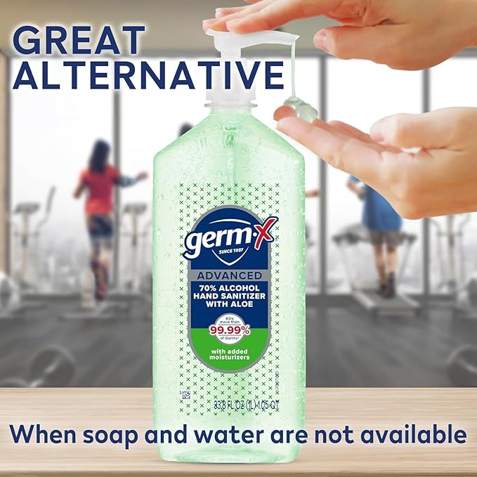 Germ-X Advanced Hand Sanitizer with Aloe and Vitamin E, 1 Liter (Pack of 4), Less Drying Moisturizing Gel, No Rinse Formula, Pump Bottle