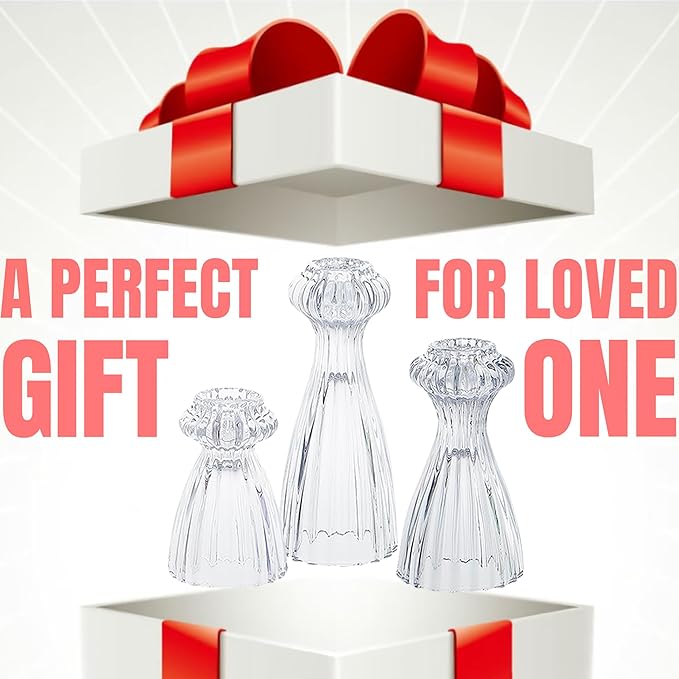 Lysenn Glass Candle Stick Holder Set of 3 – Premium Taper Candle Holders for Romantic Ambiance - Candle Sticks Holder Decor for Special Occasions - Pink