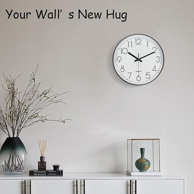 Silent Wall Clocks Battery Operated 8 Inch, Analog Wall Clock with Oversized Number Tempered Glass Clock Face, Black Quartz Non Ticking Wall Clocks for Living Room Bedroom Kitchen Office