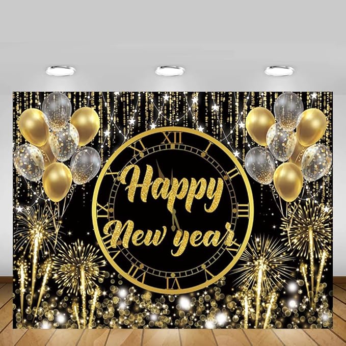 MEHOFOND Happy New Year Backdrop Hello 2026 NYE Cheers Party Decorations Gold Black Photography Background Kiss Me at Midnight New Year's Eve Festival Party Supplies Photobooth Banner 7x5ft