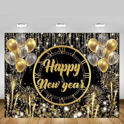 MEHOFOND Happy New Year Backdrop Hello 2026 NYE Cheers Party Decorations Gold Black Photography Background Kiss Me at Midnight New Year's Eve Festival Party Supplies Photobooth Banner 7x5ft