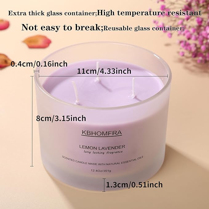 Scented Soy Wax Candle, 12.4 Oz Glass Jar, 70+ Hours Burn Time, Natural Essential Oils, Cotton Wick, Long Lasting Fragrance, Modern Contemporary Style (Lemon Lavender 2Pack)