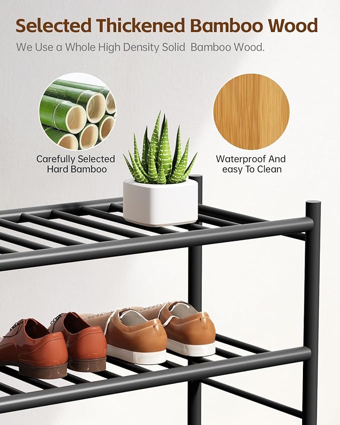 Bamboo Shoe Rack for Closet Small Wooden Shoe Organizer with Pouch, Sturdy Wood Shoe Shelf for Front Door Entrance Entryway and Outdoor, 26 inch Wide (Black, 4-Tier)