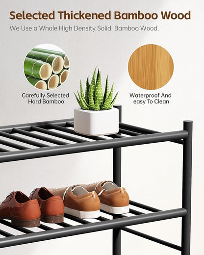 Bamboo Shoe Rack for Closet Small Wooden Shoe Organizer with Pouch, Sturdy Wood Shoe Shelf for Front Door Entrance Entryway and Outdoor, 26 inch Wide (Black, 4-Tier)