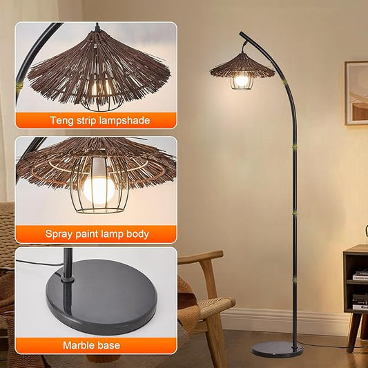 beaysyty Bamboo Floor lamp Mid Century Rattan Retro Floor lamp Bohemian,Arc Floor Lamps for Living Room Tall Reading Lamps Antique Rattan Style for Bedroom Dining Room Farmhouse Study (Purple)