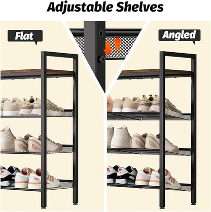 Shoe Rack for Front Door Entrance, 4 Tier Shoe Rack for Entryway, 12-16 Pairs of Shoes, Metal Shoe Rack Organizer, Free Standing Shoe Rack for Closet (Black+Rustic Brown)