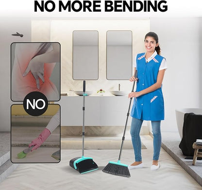 Broom with Dustpan Combo Set, Floor Scrub Brush,Self-Cleaning with Dustpan Teeth,for Indoor Outdoor,Smooth Floors,Bathroom Kitchen (Black)