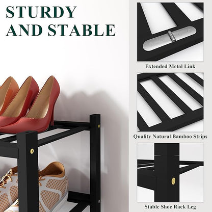 Smiry Shoe Rack, 3 Tier Bamboo Shoe Organizer, Stackable Free Standing Wooden Shoe Storage Shelf for Closet, Entryway, Front Door Entrance, Black