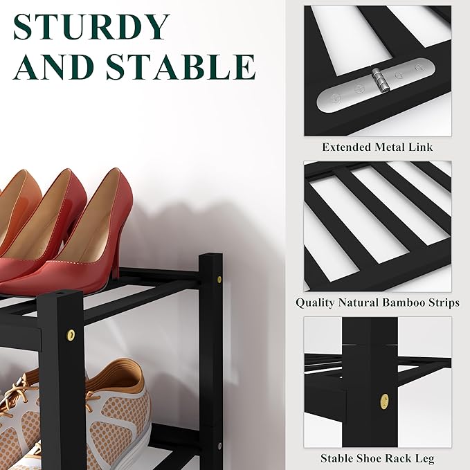 Smiry Bamboo Shoe Rack for Closet, 3 Tier Wooden Stackable Shoe Organizer, Free Standing Shoes Storage Shelf for Entryway, Front Door Entrance, Black