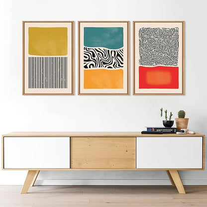 HLNIUC Large Mid Century Modern Wall Art Framed 16x24, Boho Abstract 3 Piece Canvas Decor, Mcm Vintage Bohemian Color Block Painting, Geometric Line Art Print for Living Room, Bedroom, Office