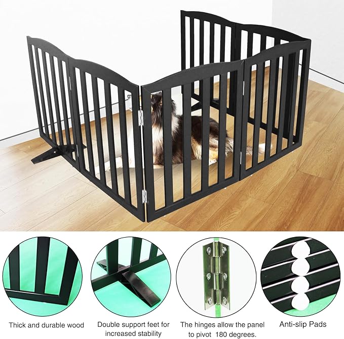 ZJSF Foldable Freestanding Indoor Dog Gate for House Wood White Long Pet Gates Dog Fence for Stairs Puppy Gates for Hallways, Puppy Gate,Support Feet Included, Black, 24 "Height-6 Panels