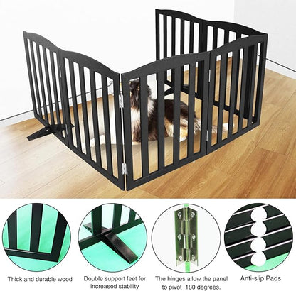 ZJSF Foldable Freestanding Indoor Dog Gate for House Wood White Long Pet Gates Dog Fence for Stairs Puppy Gates for Hallways, Puppy Gate,Support Feet Included, Black, 24 "Height-6 Panels