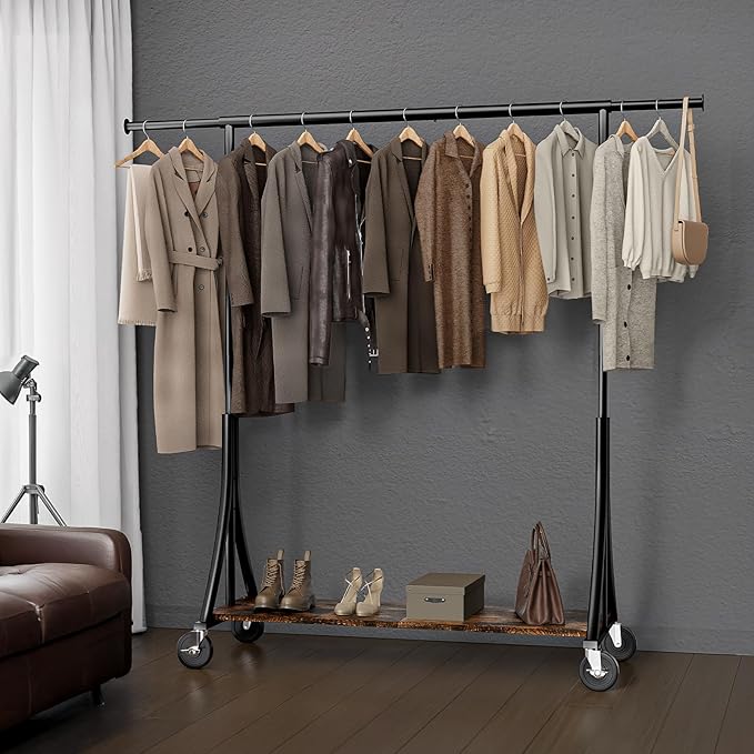 MAXLEAD Clothes Rack, Clothing Rack with Wood Shelves 500 LBS Heavy Duty Garment Rack for Hanging Clothes Portable Closet Sturdy Coat Rack for Bedroom, Living Room, Laundry, Balcony, Black