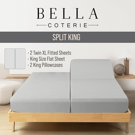 Bella Coterie Luxury Bamboo Viscose Split King Size Sheet Set | 100% Organically Grown | Ultra Soft | Cooling for Hot Sleepers | 18" Deep Pocket [Grey Mist]