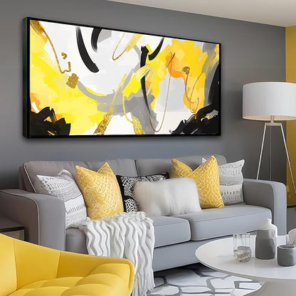 Wall Art for Living Room, Yellow and Black Abstract Canvas Wall Art, Colorful Fluid Lines Wall Decor Canvas Paintings, Black Framed Artwork Modern Paintings Pictures Wall Decor 20×40 inches