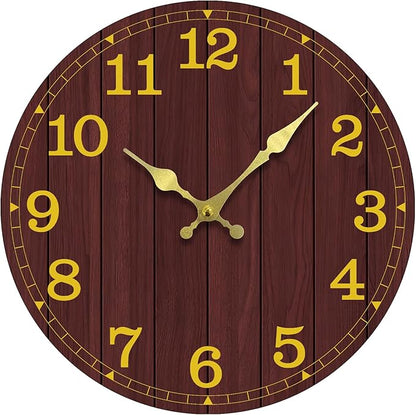 Wall Clock Battery Operated 8 Inch Brown Silent Non Ticking Country Rustic Design Vintage Retro Decorative for Bathroom Kitchen Bedroom