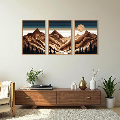 Large Abstract Mountain Woodcut Framed Canvas Wall Art,Modern Tree Ring Wall Decor,Sunrise Ridge Scenery Wall Painting,Retro Desert Artwork for Living Room,Bedroom,Dining Room,Office -24"x36"x3