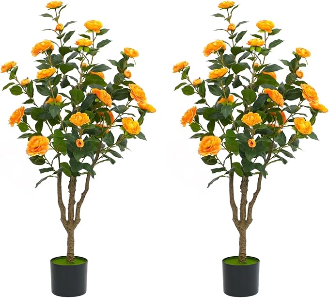 4Ft Artificial Camellia Tree 2pack, Orange Silk Flowers Faux Plant for Indoor Outdoor Home Decor, Realistic Potted Greenery for Office Porch Living Room