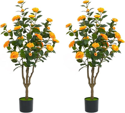 4Ft Artificial Camellia Tree 2pack, Orange Silk Flowers Faux Plant for Indoor Outdoor Home Decor, Realistic Potted Greenery for Office Porch Living Room
