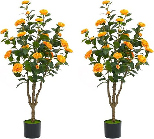 4Ft Artificial Camellia Tree 2pack, Orange Silk Flowers Faux Plant for Indoor Outdoor Home Decor, Realistic Potted Greenery for Office Porch Living Room