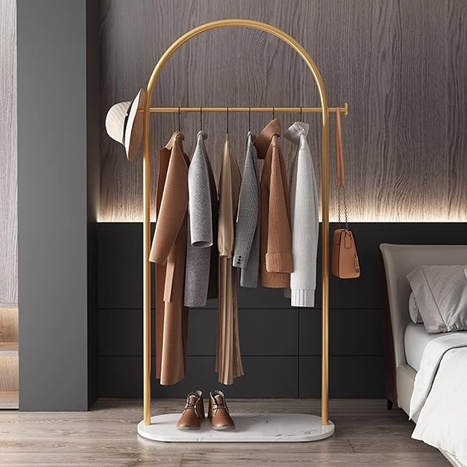 Gold clothing rack with Marble base. metal clothes racks for hanging clothes,heavy duty garment rack,Freestanding Coat Rack with 2 Hooks,for Bedroom, Bathroom, Living Room easy to assemble