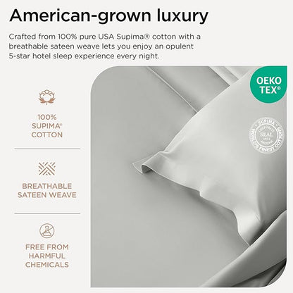 Threadmill Supima Cotton California King Sheets - 1200TC Light Grey Cal King Bed Sheets, 4 Pc with Non-Elastic Deep King Size Pocket Sheets