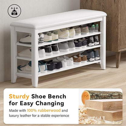 Shoe Rack Bench Entryway Storage with Leather Cushion, Shoe Organizer Bench for Entryway, Ideal for Front Doors Entrances Hallway Mudroom Featuring Rubberwood And 3 Height-Adjustable Removable Shelve