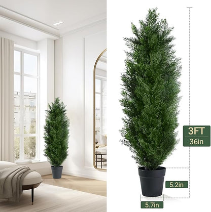 3FT Artificial Topiary Cedar Trees, Fake Cedar Plant with Pot for Indoor Outdoor Decor, Faux Greenery Potted Tree, UV Resistant Artificial Plants for Home Garden Office Porch