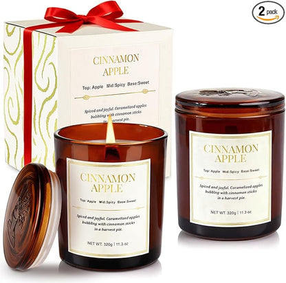 Holiday Candle Gift Set–2 Pack Wood Wick Cinnamon Apple Scented Candles,Long Lasting Natural Soy Wax Candles with Gift Boxes,Cozy Fall Aromatherapy Candle for Home Decor
