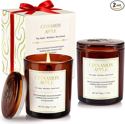 Holiday Candle Gift Set–2 Pack Wood Wick Cinnamon Apple Scented Candles,Long Lasting Natural Soy Wax Candles with Gift Boxes,Cozy Fall Aromatherapy Candle for Home Decor