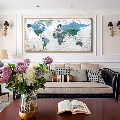 Framed Wall Art World Map Wall Art Canvas Picture 24inchx48inch Large Blue Map of The World Canvas Painting Artwork Prints for Office Wall Decor Home Living Room Decorations Framed Ready to Hang