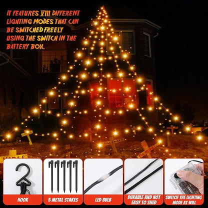 Halloween Decorations Outdoor Giant Spider Web Lights,23ft x 18ft Black Spider Web with 500 LEDs Purple,Waterproof for Halloween Yard Decorations and 8 Modes. (Black Nylon Rope and Orange LED Lights)