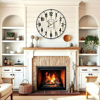 Farmhouse White 30 Inch Wooden Large Wall Clock, Silent Non-Ticking Quartz Movement, Battery Operated Modern Rustic Clock for Living Room, Kitchen, Office, Home Decor