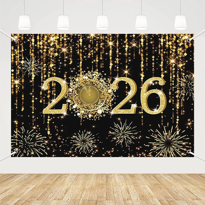 MEHOFOND 7x5 ft Black and Gold 2026 New Year Backdrop Cheers to 2026 Photography Background Hello 2026 Dripping Glitter Dots Fireworks Clock Decor Time to 2026 New Year Eve Cake Smash Photo Props