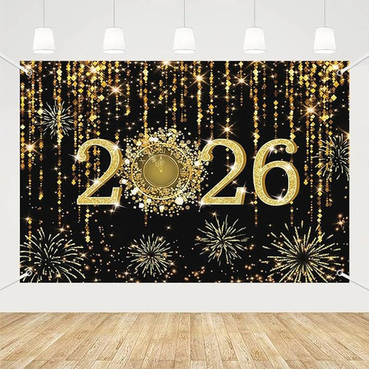 MEHOFOND 7x5 ft Black and Gold 2026 New Year Backdrop Cheers to 2026 Photography Background Hello 2026 Dripping Glitter Dots Fireworks Clock Decor Time to 2026 New Year Eve Cake Smash Photo Props